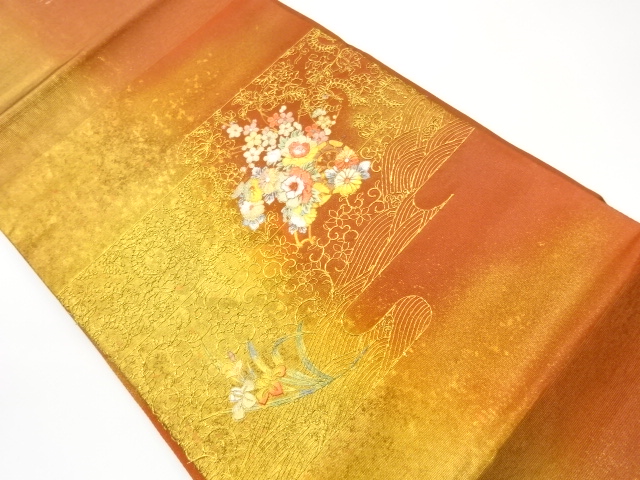 JAPANESE NAGOYA OBI / KINSAI IROE / EMBROIDERY / FLORAL CART